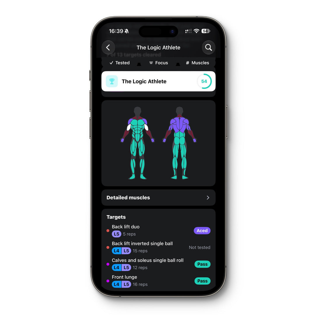 The Logic Athlete test in the app: its body map and targets marked Aced and Pass