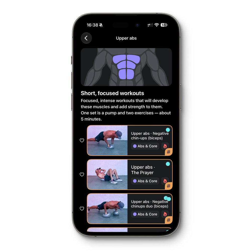Focused workouts for the upper abs in the Logic Workout app: short sessions of one set each