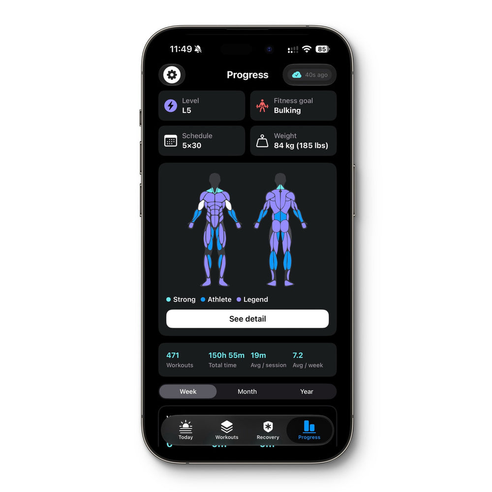 A man's body map in the Logic Workout app, muscles coloured Strong, Athlete and Legend