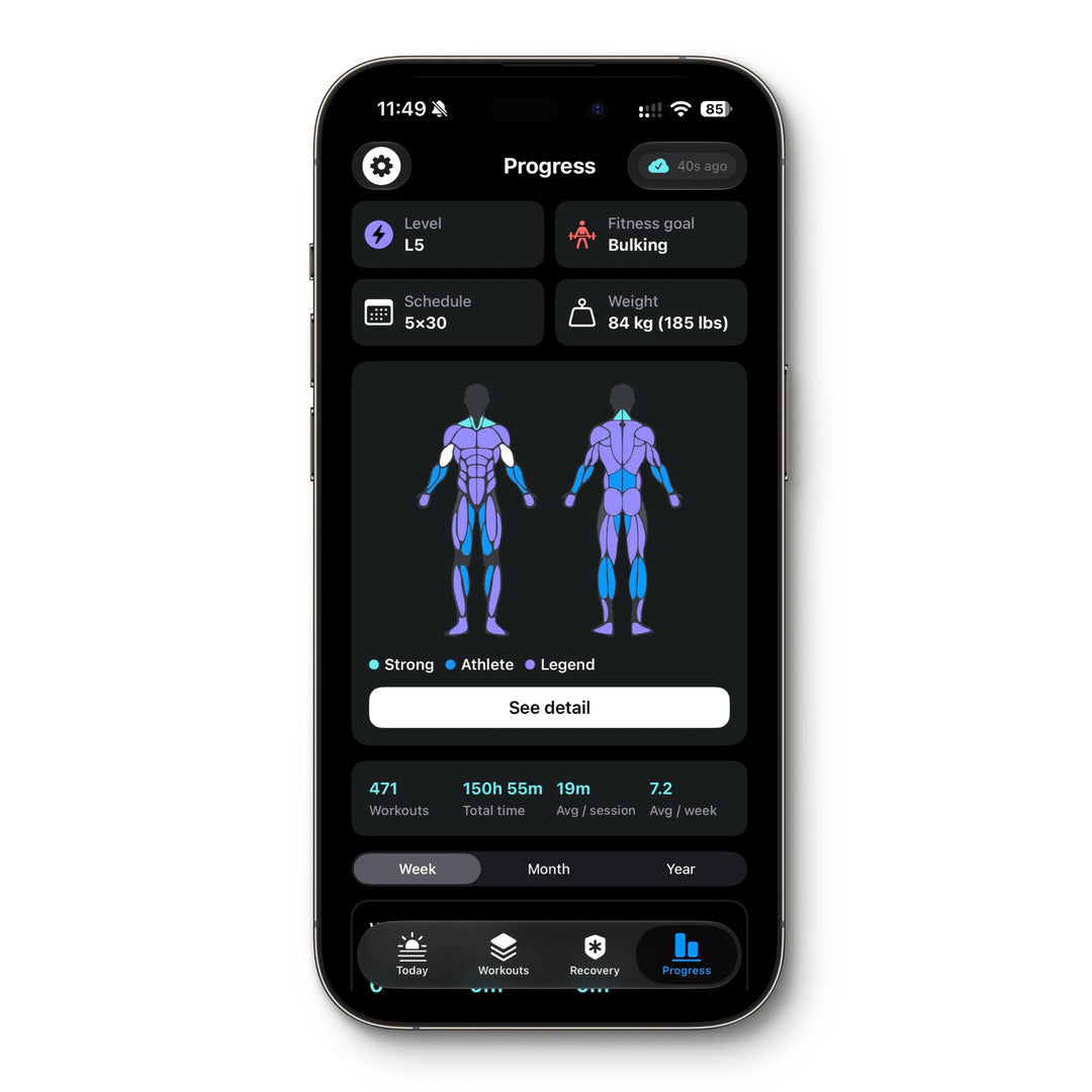 The Progress tab in the Logic Workout app, with a body map coloured Strong, Athlete and Legend muscle by muscle
