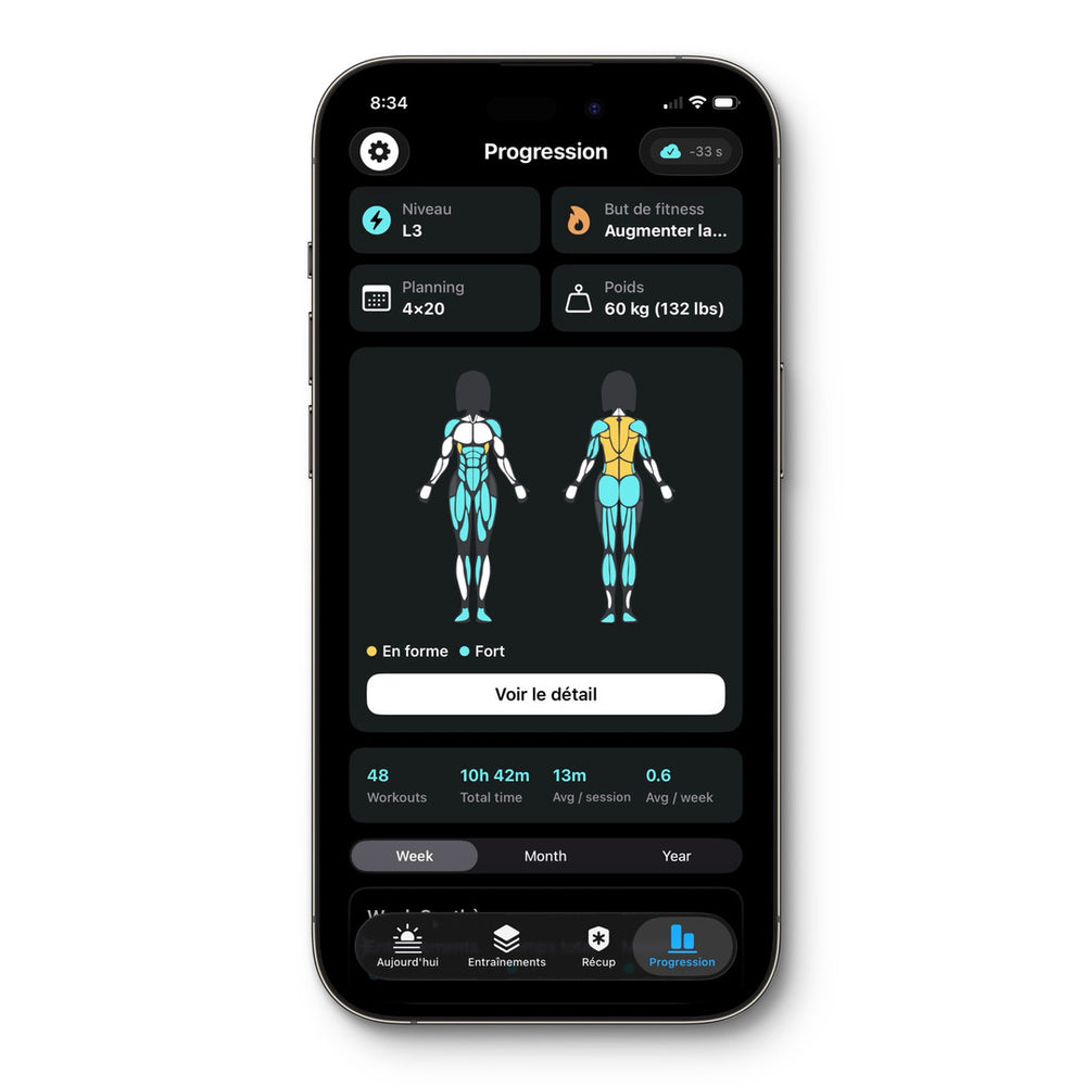 A woman's body map in the French version of the app, muscles coloured Healthy and Strong