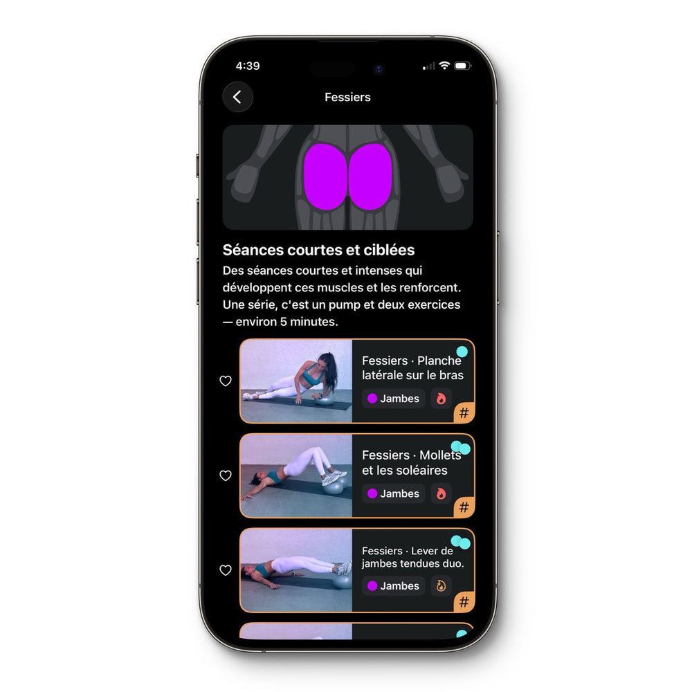 Focused workouts for the glutes in the French version of the app: short, targeted sessions
