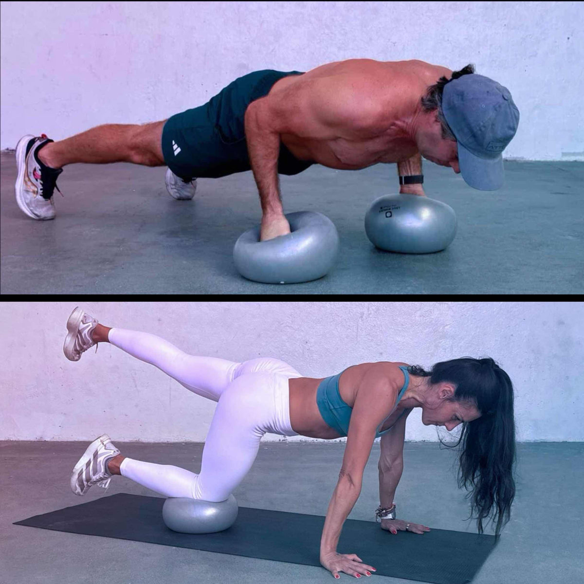 A man doing push-ups with both hands on Logic balls, and a woman on all fours with one knee on a Logic ball