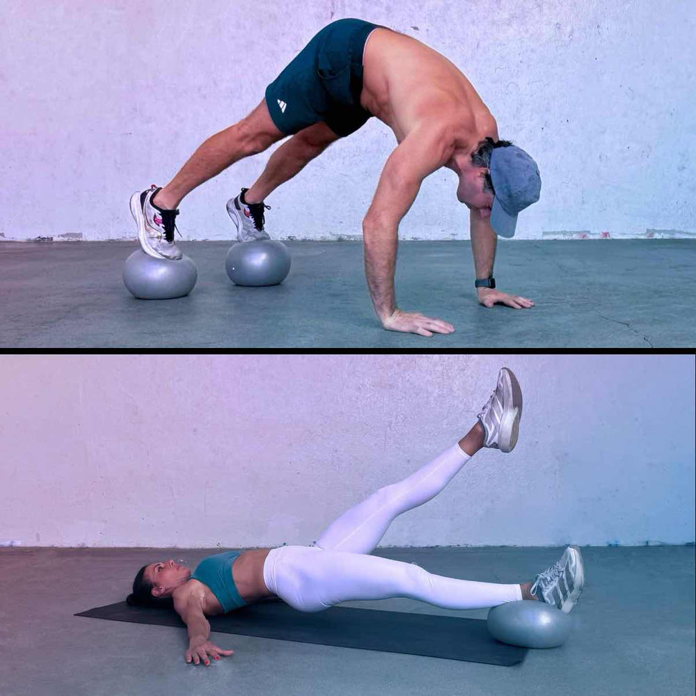 A man in a pike with both feet on Logic balls, and a woman in a single-leg glute bridge with one foot on a Logic ball