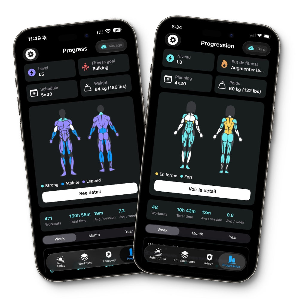 Body maps in the Logic Workout app, in English and French, each muscle coloured by its strength band