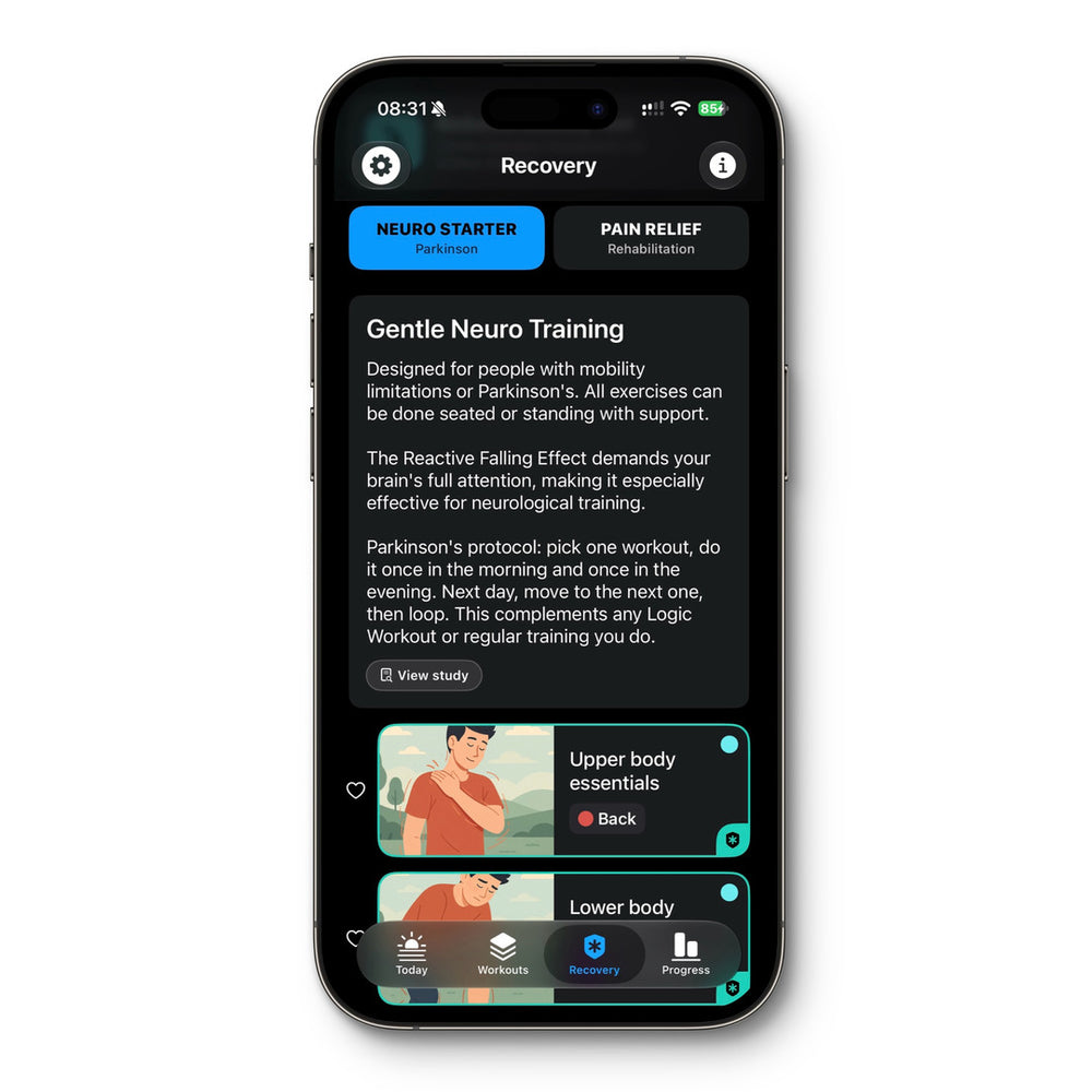 The Neuro Starter programme for Parkinson's in the Recovery tab of the Logic Workout app