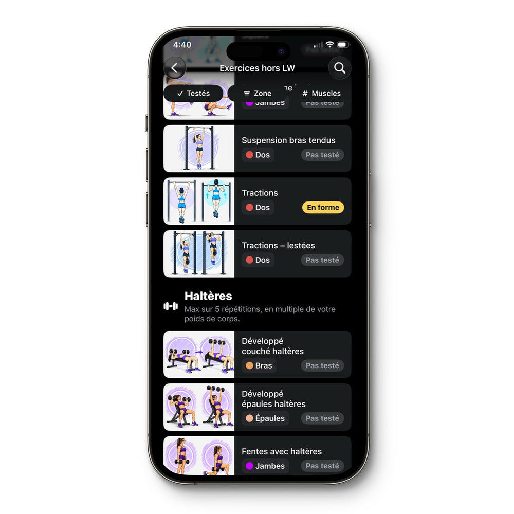 Gym and bodyweight movements in the French version of the app, with their protocols and a Healthy band on pull-ups