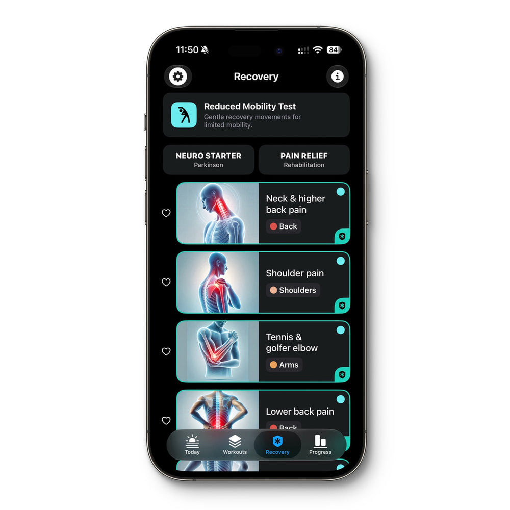 The Recovery tab in the Logic Workout app: the Reduced Mobility Test, then recovery workouts by body area