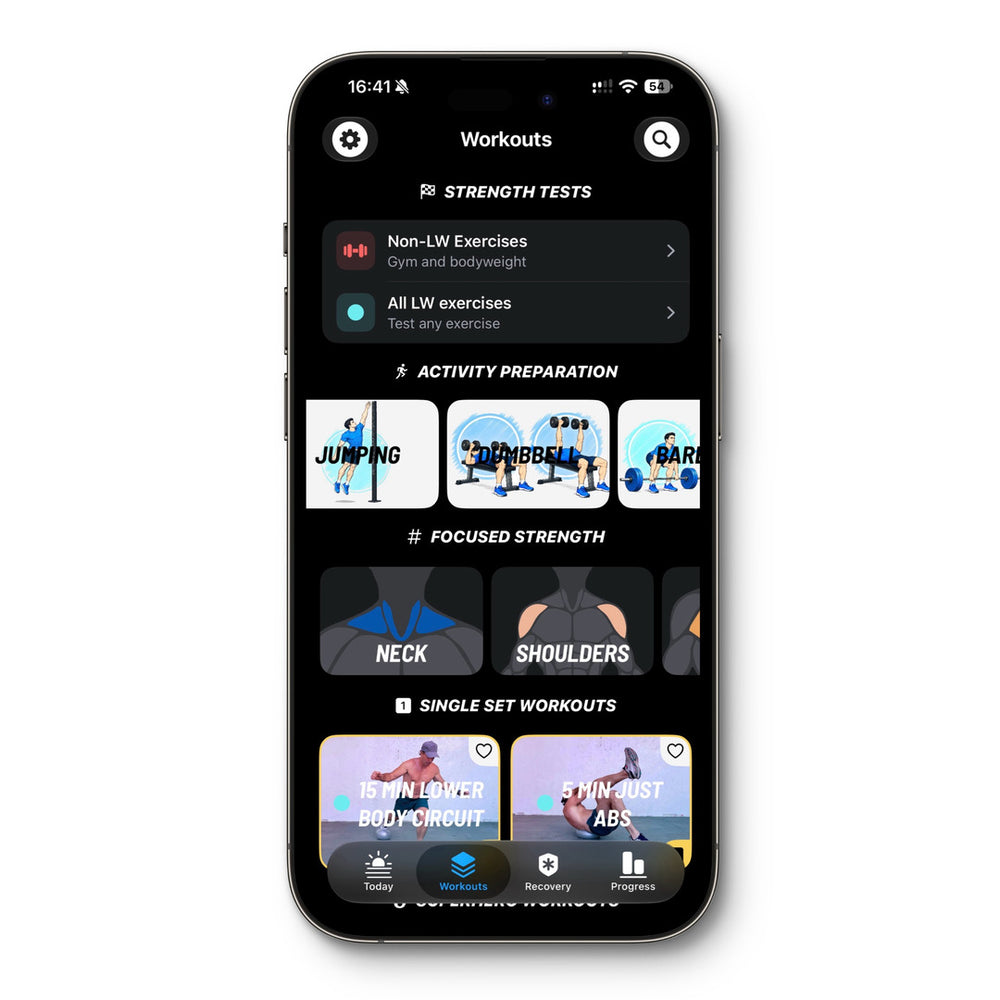 The Workouts tab: strength tests at the top, then activity preparation and focused strength workouts